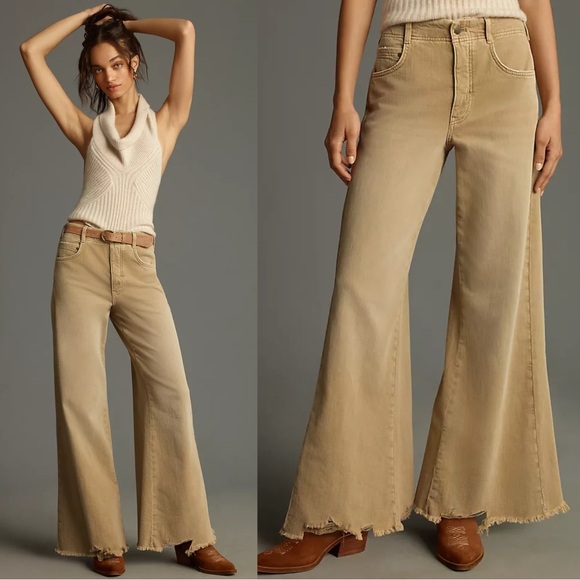 Pilcro Denim - Anthropologie Pilcro The Adi Mid Rise Frayed Relaxed Flare Jeans Women's 27 Tan